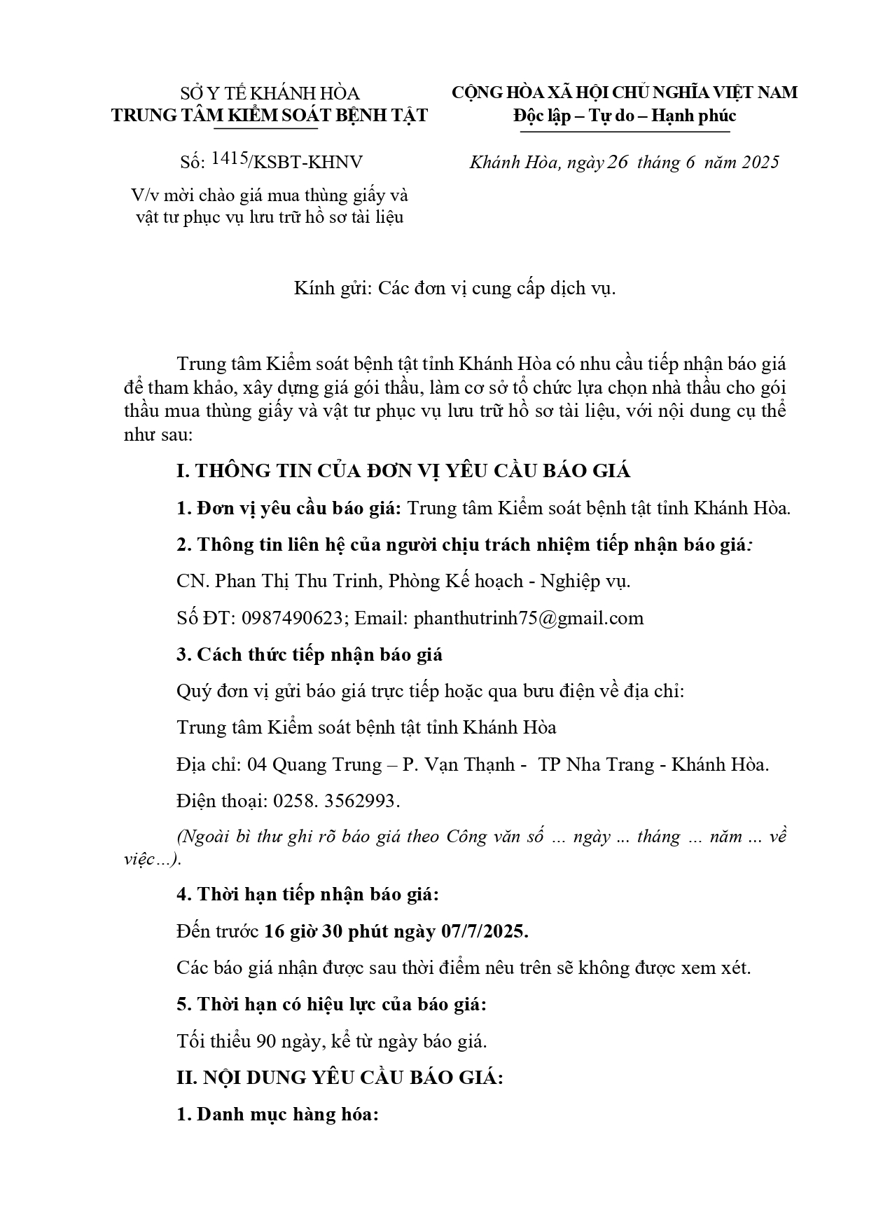 V/v mời chào giá mua thùng giấy và vật tư phục vụ lưu trữ hồ sơ tài liệu